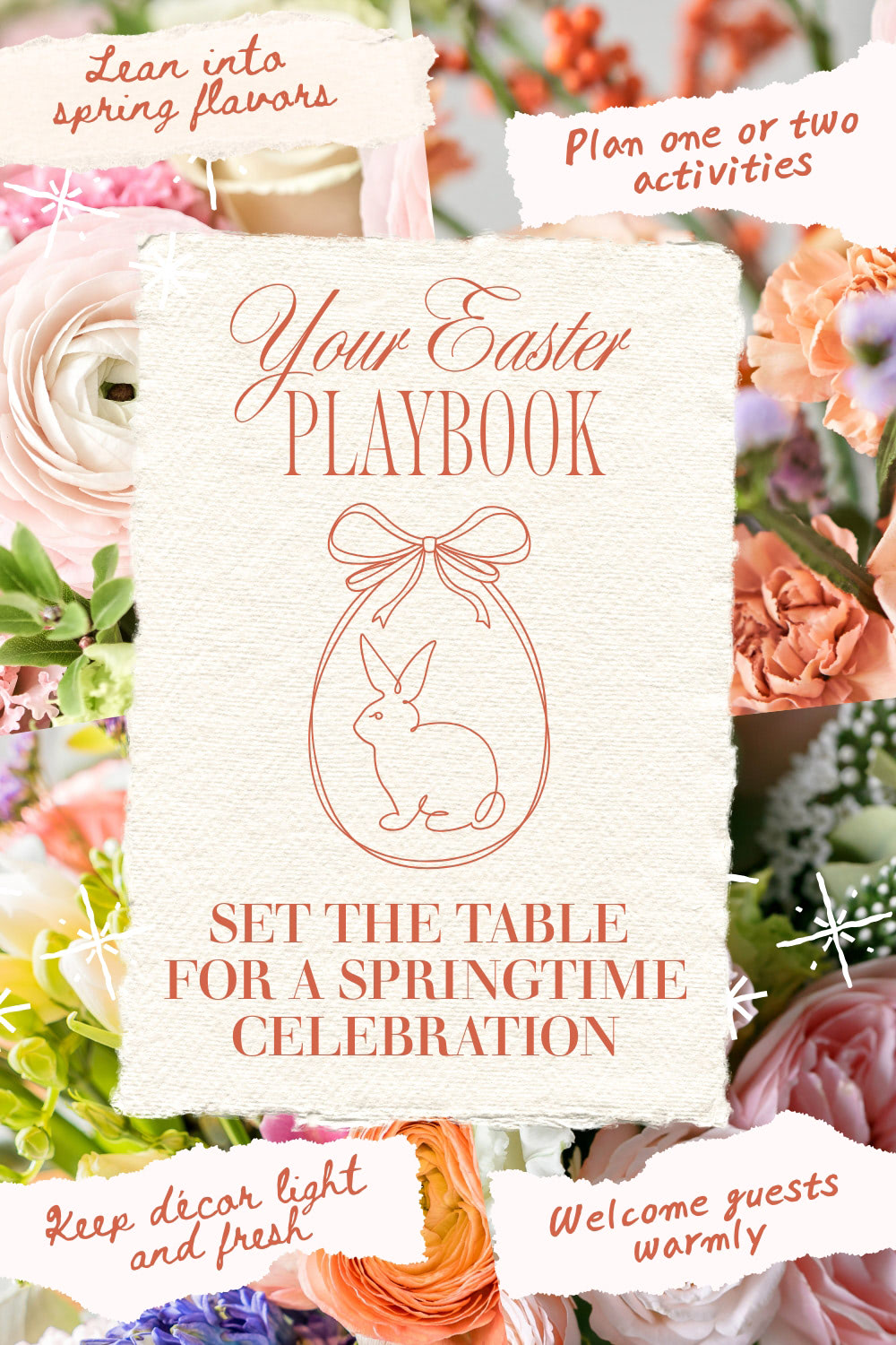Easter Playbook graphic surrounded by spring flowers, featuring tips saying "Lean into spring flavors," "Plan one or two activities,"  "Keep d&eacute;cor light and fresh" and "welcome guests warmly." Center text reads "Set the table for a springtime celebration" with a bunny illustration.