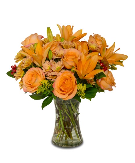 Clear vase filled with orange lilies, tangerine roses, peach daisy mums, orange mini roses, yellow solidago,  and red hypericum berries.
