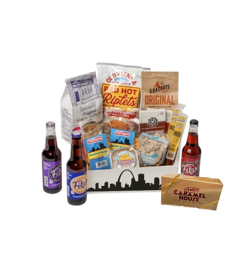 Saint Louis Gift Basket: gourmet treats like Fitz's Root Beer, Gooey Louie Butter Cake, and more in a keepsake wooden tray.