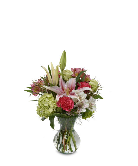 Beautiful, fragrant bouquet of stargazer lilies, jade roses and other favorites in a glass vase