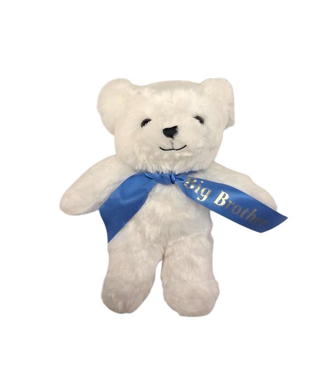 White plush bear with a blue ribbon that says “Big Brother,” customizable with name or nickname and your choice of ribbon color.