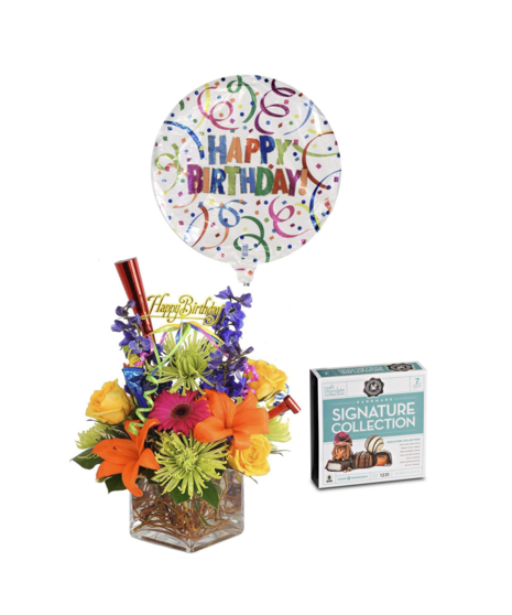  A birthday package with a colorful floral centerpiece in a cube vase, a 