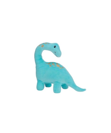 Two plush dinosaurs: a pink stegosaurus with teal plates and a blue brachiosaurus with golden spots. Soft, colorful, and perfect for kids or nurseries.