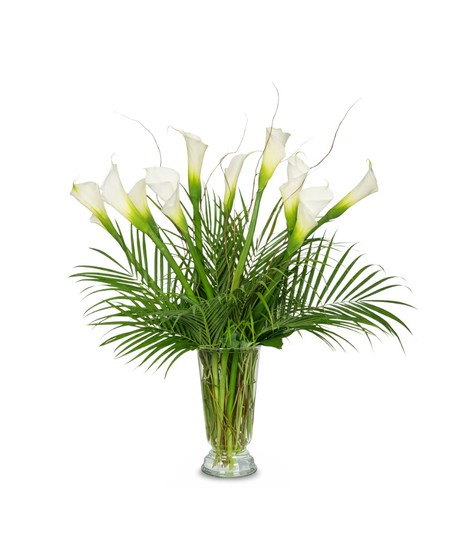A tall floral arrangement featuring white calla lilies and long-stem red roses arranged with greenery in a clear glass vase against a white background.