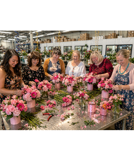 Girl Day Out floral design class with pink flower arrangements on a steel design table in a flower shop workshop