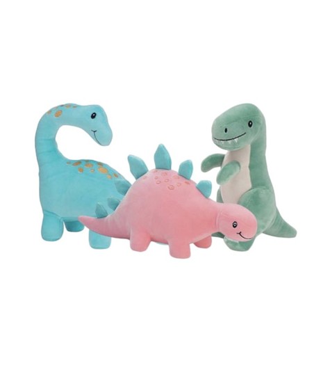 Two plush dinosaurs: a pink stegosaurus with teal plates and a blue brachiosaurus with golden spots. Soft, colorful, and perfect for kids or nurseries.