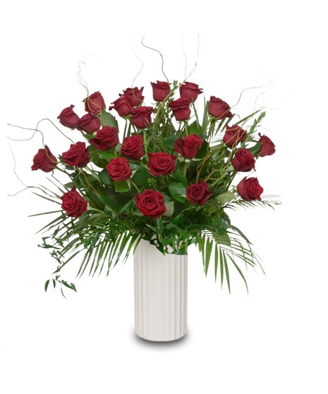 A large luxury arrangement of deep red long stem roses accented with baby’s breath and greenery, artistically arranged in a tall white vase.