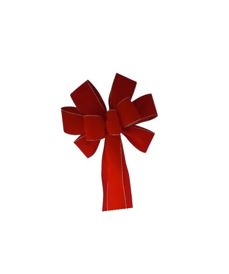 A bright red velvet bow with long tails and stitched edges, perfect for holiday decorations, plants, wreaths, or home décor accents.