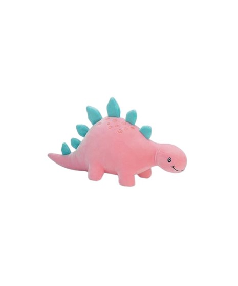 Two plush dinosaurs: a pink stegosaurus with teal plates and a blue brachiosaurus with golden spots. Soft, colorful, and perfect for kids or nurseries.