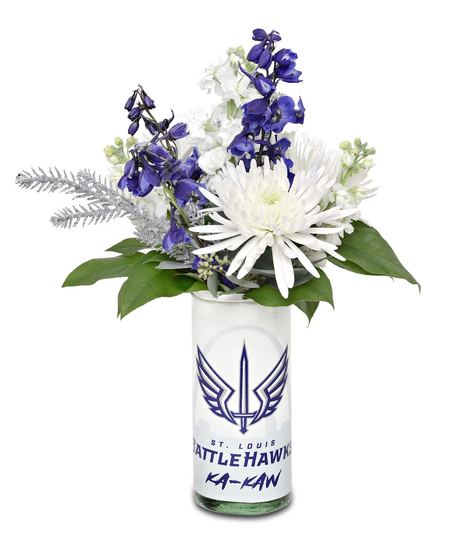 'KA-KAW!' Battlehawks cylinder arrangement: white and blue flowers with silver accents. Perfect for fans.