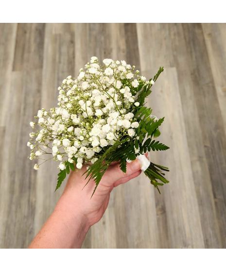 Petite & Pretty Baby's Breath Posy: A chic clutch piece with fluffy white blooms, perfect for school dances
