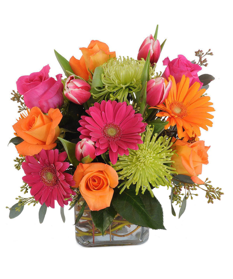 Bright and Dreamy Bouquet with the hot color combination of pink, orange and green. 