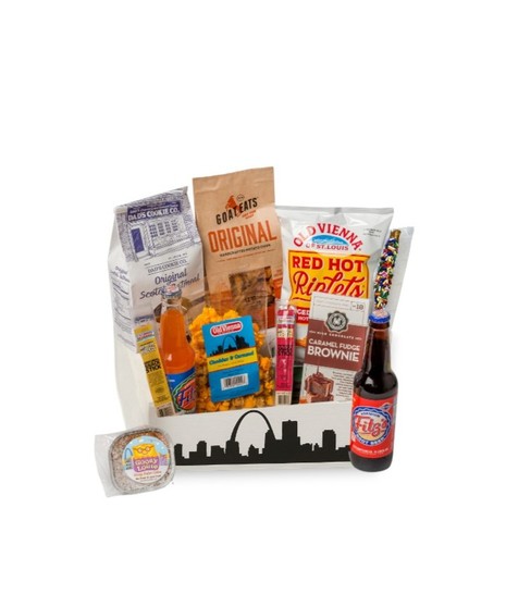 Saint Louis Gift Basket: gourmet treats like Fitz's Root Beer, Gooey Louie Butter Cake, and more in a keepsake wooden tray.